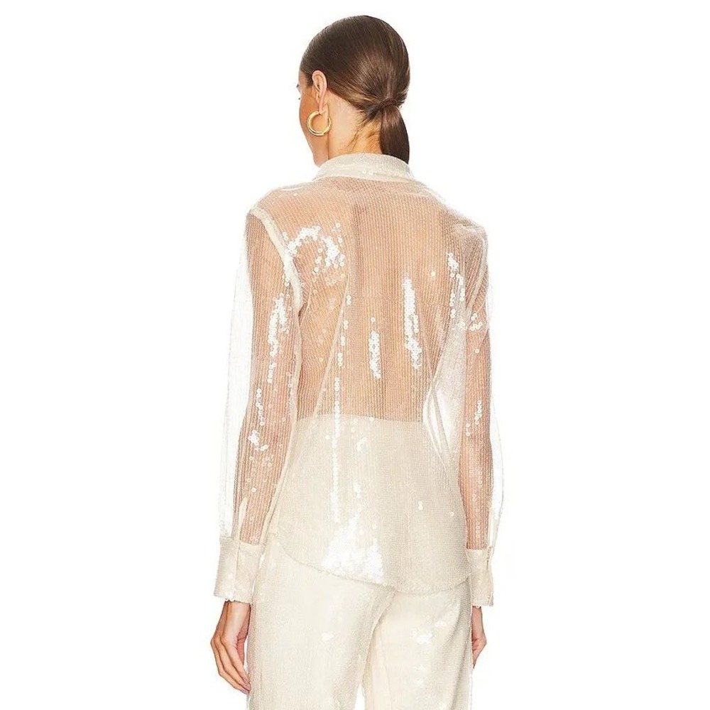 More To Come Revolve Ivory Sequin 2 Piece Sheer Button Down Shirt Pants Set M/L - Picture 3 of 11